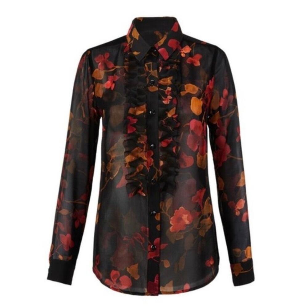 CABI | Catherine Black Sheer Ruffle Orange Red Floral Print Blouse Top | Medium